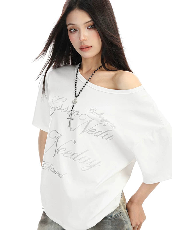 Off Shoulder Letter Print Loose T-Shirt 5