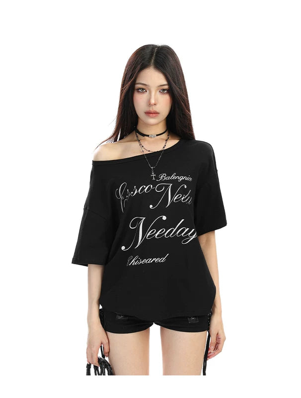 6031090689063,6031090689064,6031090689065,6031090689066, Off Shoulder Letter Print Loose T-Shirt