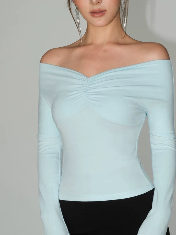 Off-Shoulder Long Sleeve Ruched Turtleneck Top 4