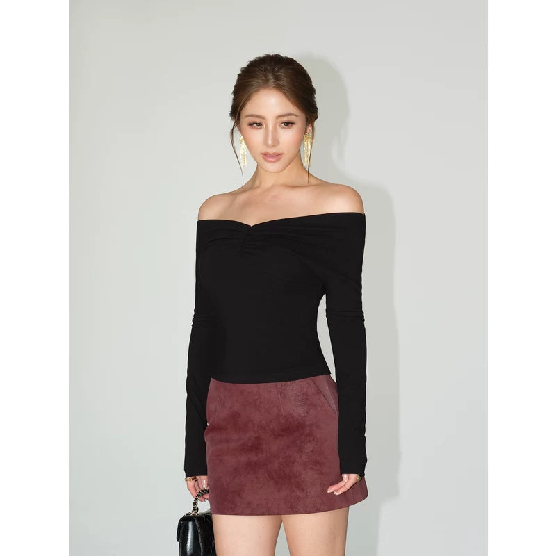 6177899987962,6177899987963,6177899987964,6177899987965, Off-Shoulder Long Sleeve Ruched Turtleneck Top