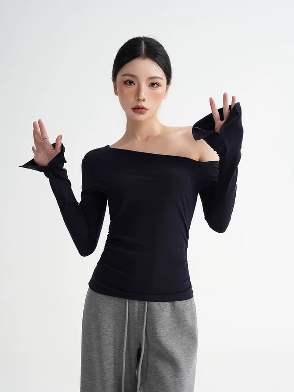 Off-Shoulder Long Sleeve Slim T-Shirt 4