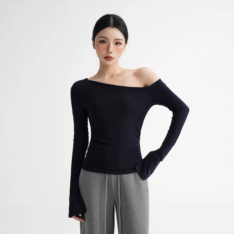 6197663178260,6197663178261,6197663178262, Off-Shoulder Long Sleeve Slim T-Shirt