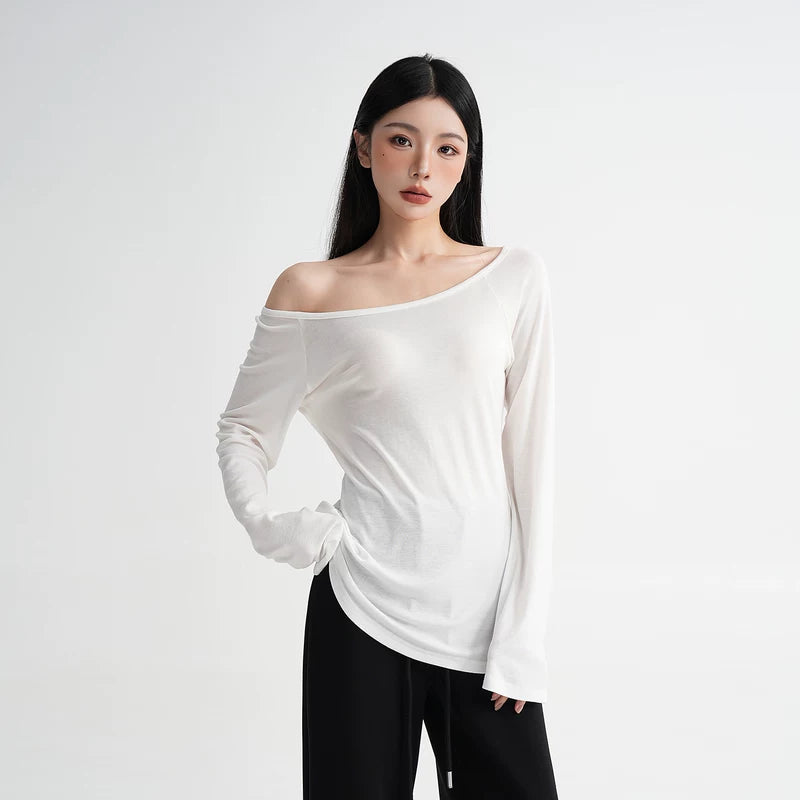 6033478668656,6033478668657,6033478668658, Off-Shoulder Lyocell Long-Sleeve T-Shirt