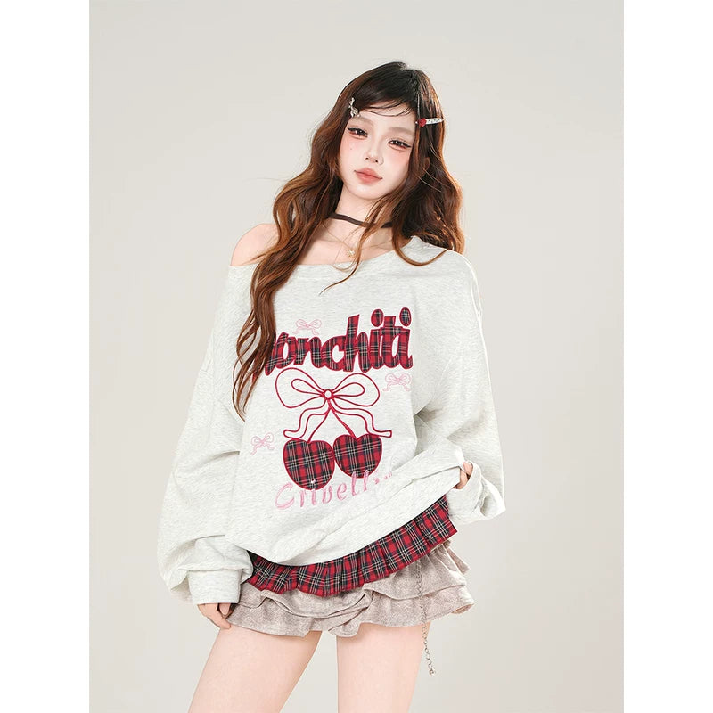 Off-Shoulder Plaid Cherry Graphic Sweatshirt 2