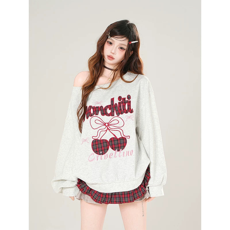 Off-Shoulder Plaid Cherry Graphic Sweatshirt 3