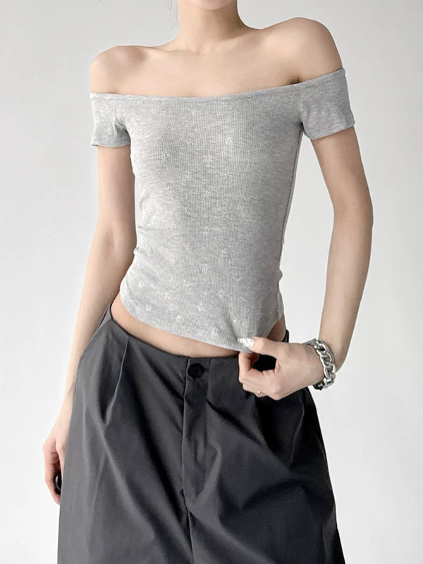 Off-Shoulder Ribbed Short Sleeve T-Shirt 2