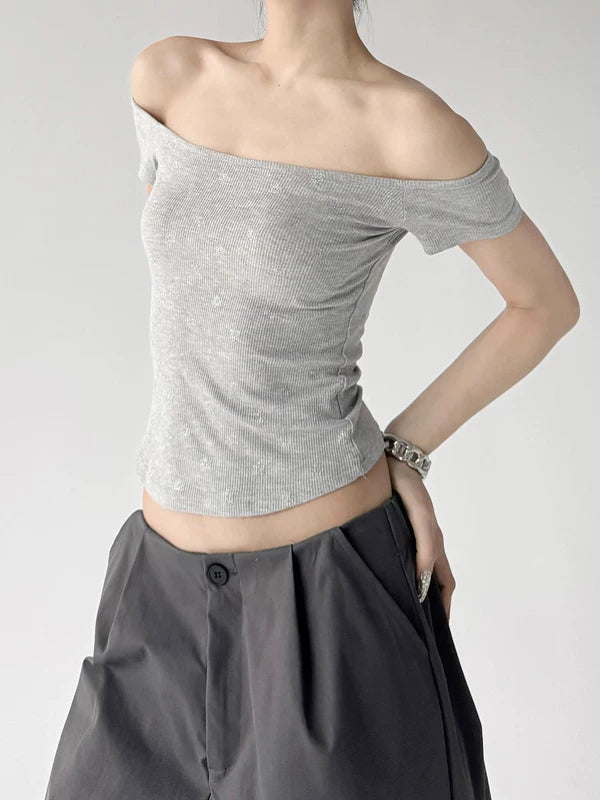 Off-Shoulder Ribbed Short Sleeve T-Shirt 3