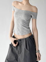 Off-Shoulder Ribbed Short Sleeve T-Shirt 4