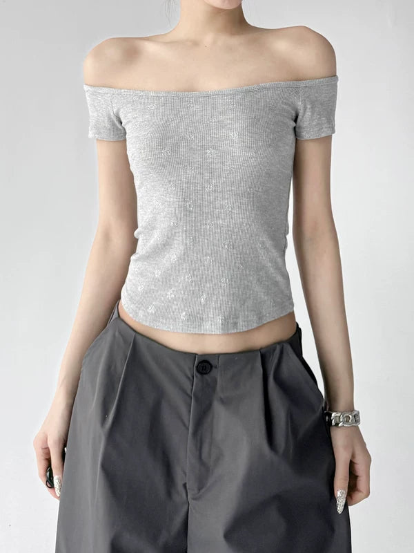 Off-Shoulder Ribbed Short Sleeve T-Shirt 5