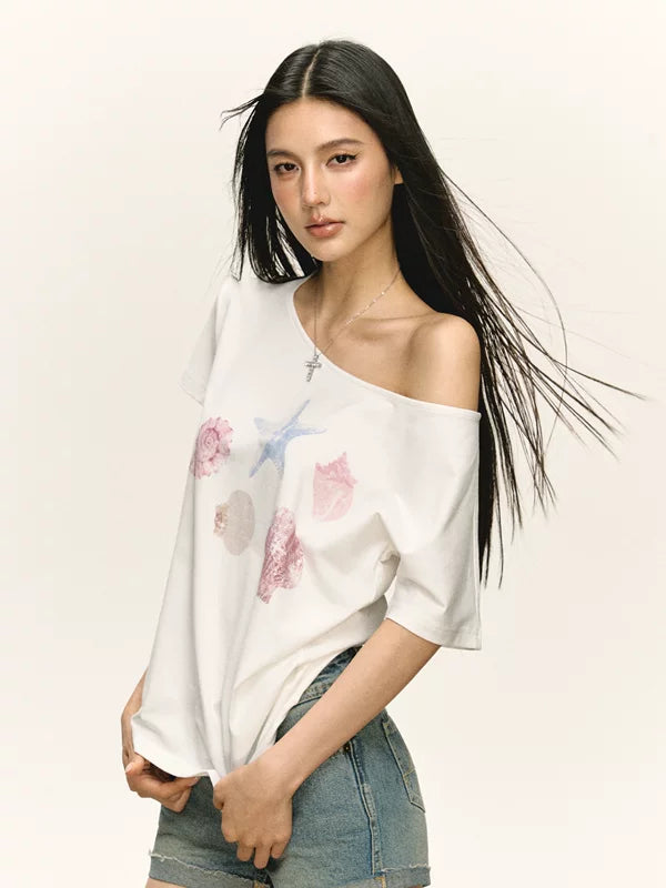 Off-Shoulder Seashell Graphic T-Shirt 3