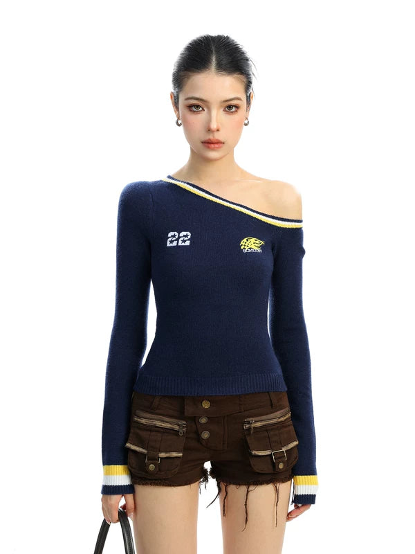 6022042233651,6022042233652,6022042233653, Off-Shoulder Sporty Knit Turtleneck Sweater