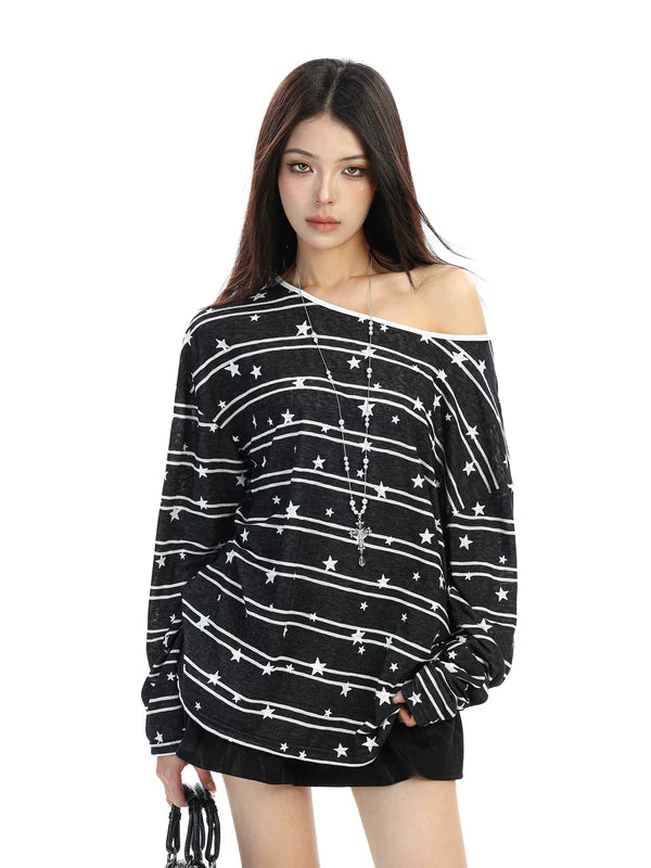Off-Shoulder Star Print Long Sleeve Top 2