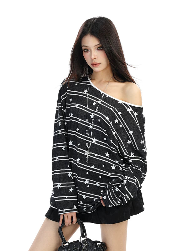 ,6027830717293,6027830717294,6027830717295, Off-Shoulder Star Print Long Sleeve Top