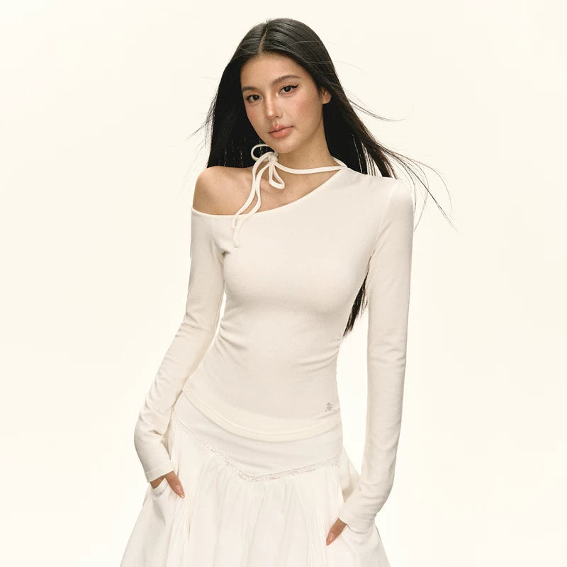 ,1627207:28320,6170137758979,1627207:28320,6170137758978,1627207:28320,6170137758977,1627207:28320,6170137758976,6170137758979,6170137758978,6170137758977,6170137758976, One-Shoulder Long-Sleeve Tie Neck Top