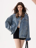 Oversized Denim Jacket with Leather Collar 2