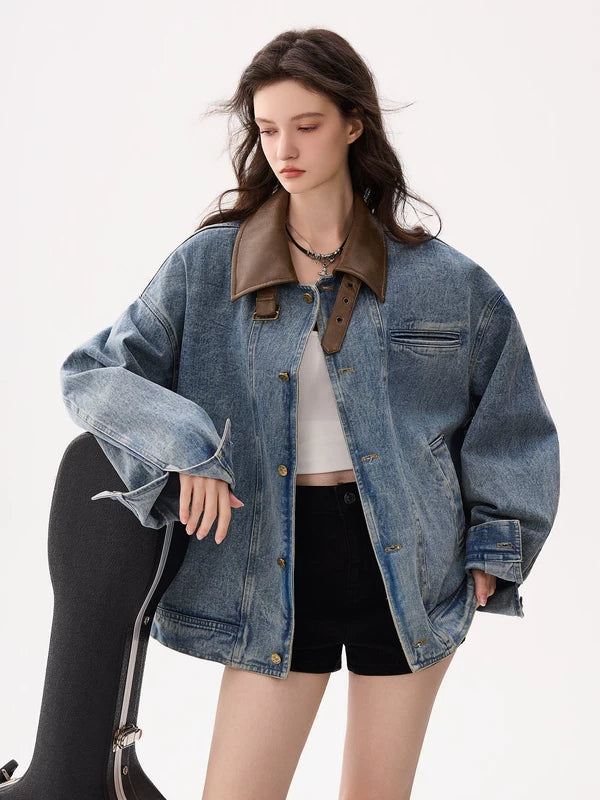 Oversized Denim Jacket with Leather Collar 4