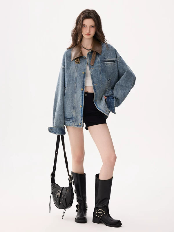 Oversized Denim Jacket with Leather Collar 5