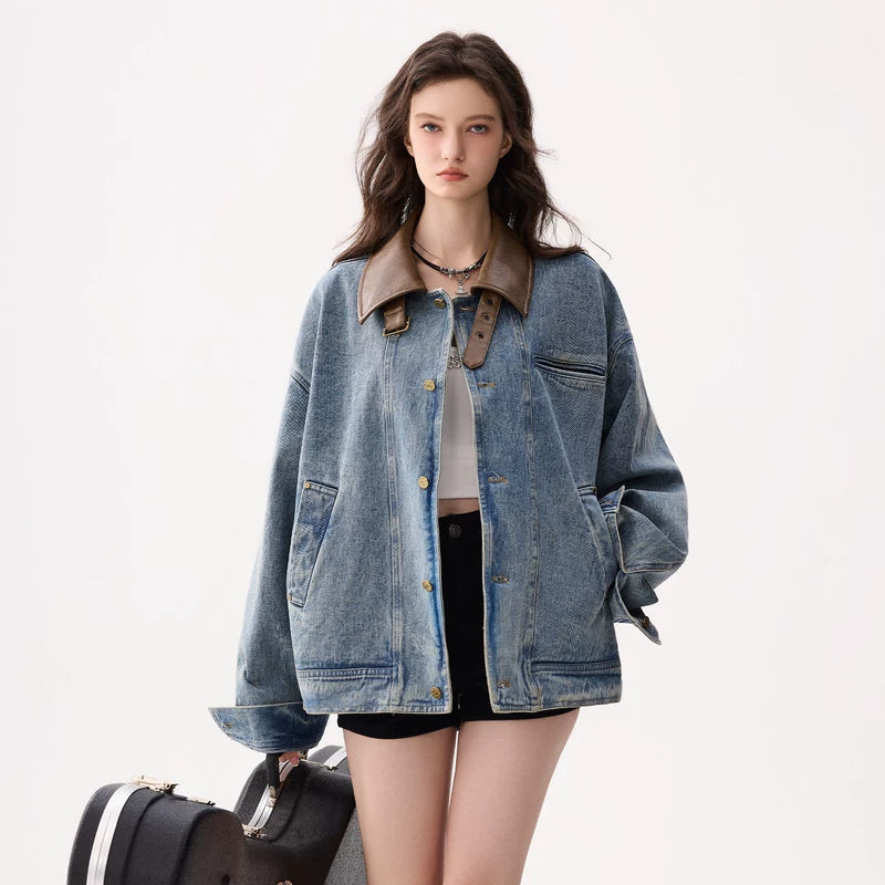 6196508246555,6196508246556,6196508246557, Oversized Denim Jacket with Leather Collar