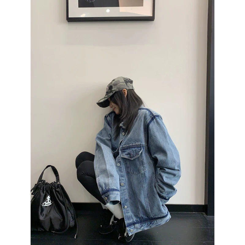 Oversized Distressed Washed Denim Jacket 4