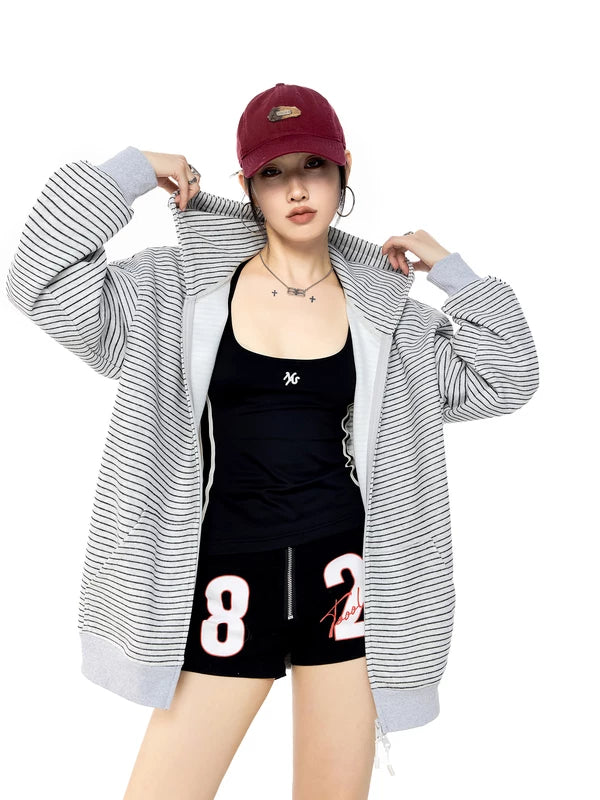 Oversized Hooded Striped Zip Sweatshirt Jacket 3