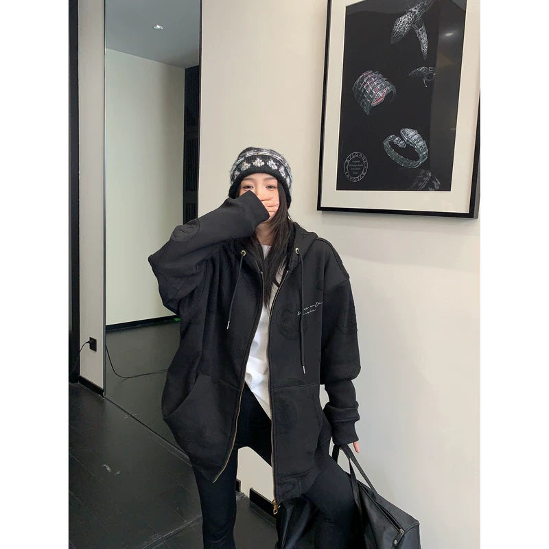,6196232523032,6196232523033,6196232523034,6196232523035, Oversized Hooded Zip Jacket with Embroidery