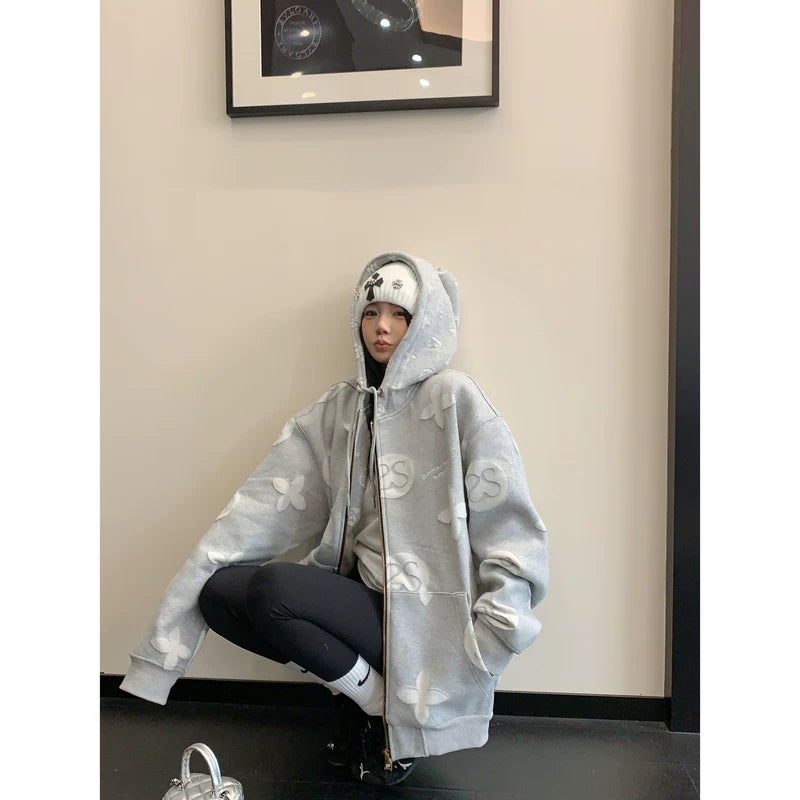 Oversized Hooded Zip Jacket with Embroidery 5