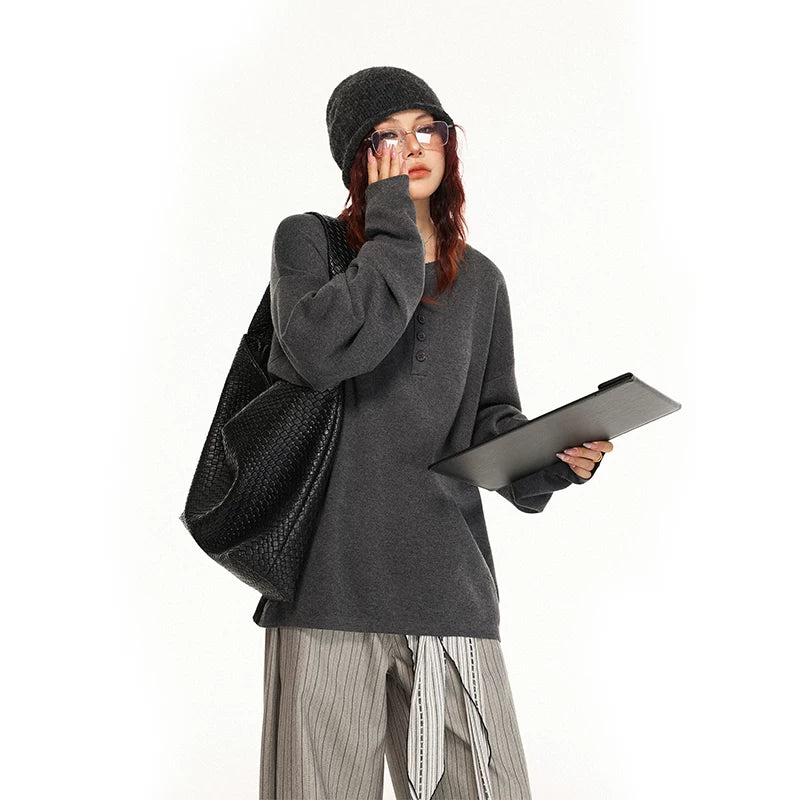 Oversized Knit Henley Long Sleeve Sweatshirt 3