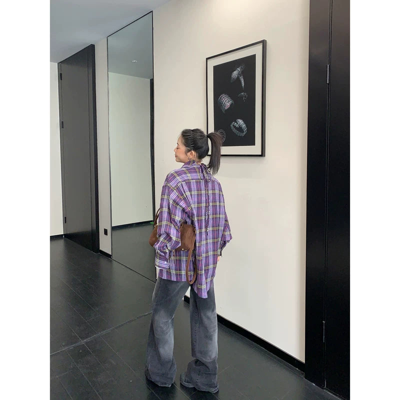 Oversized Plaid Button Down Shirt With Tie 4