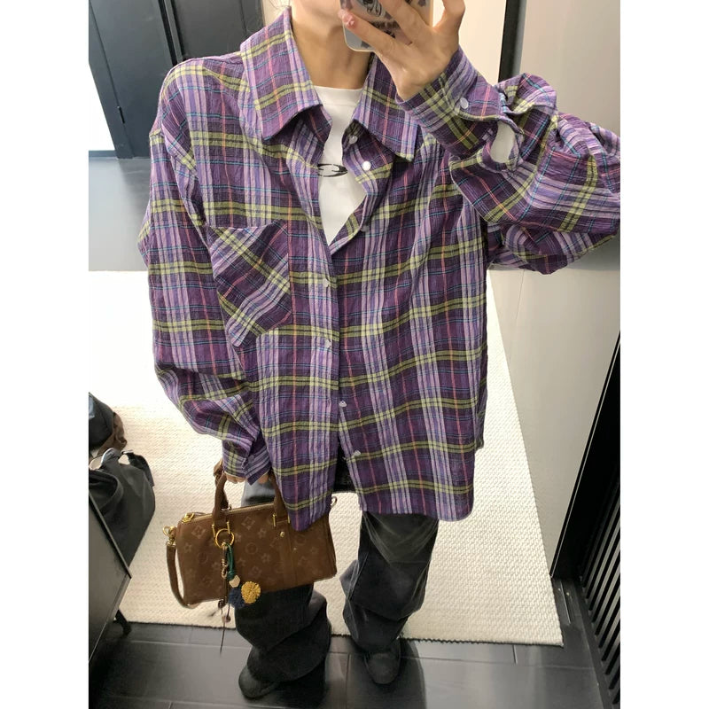 Oversized Plaid Button Down Shirt With Tie 5