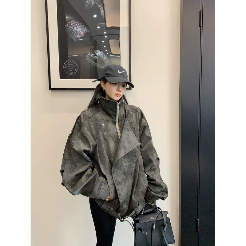 ,6196238607908,6196238607909,6196238607910,6196238607911, Oversized PU Leather Asymmetrical Coat