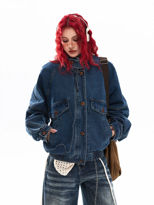 Oversized Stand Collar Workwear Denim Jacket 2