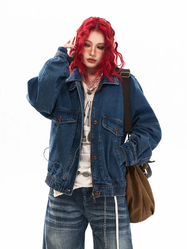 Oversized Stand Collar Workwear Denim Jacket 3