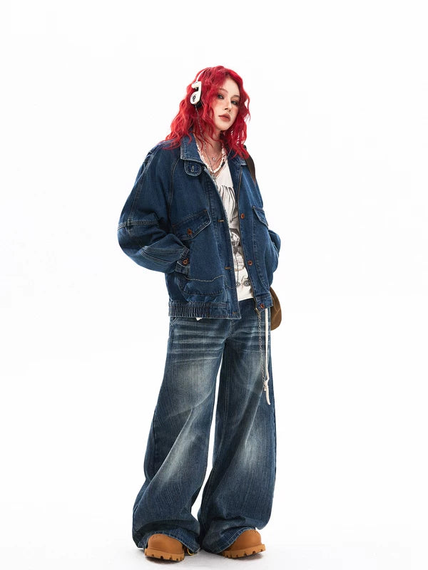 Oversized Stand Collar Workwear Denim Jacket 4