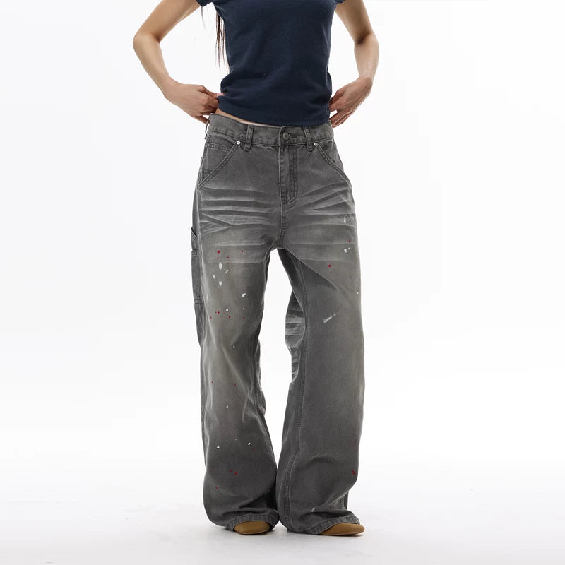 6032903821612,6032903821613,6032903821614,6032903821615,6032903821616, Paint-Splatter Streetwear Wide Leg Jeans Pants