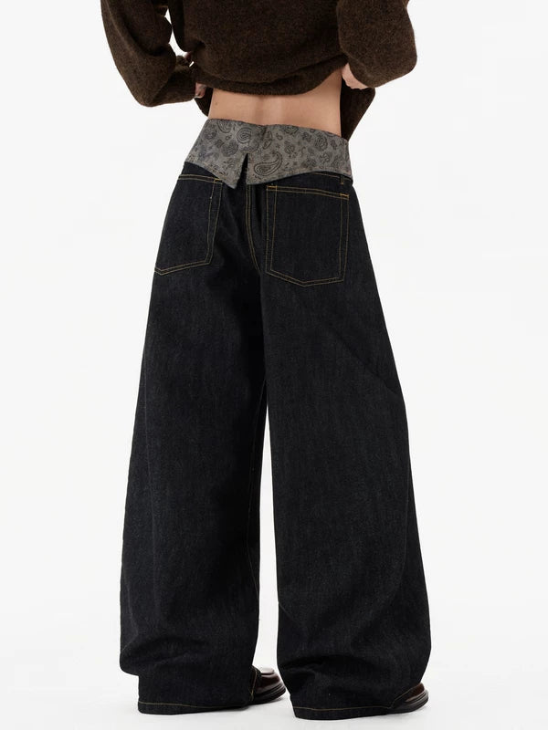 Paisley Waist Wide-Leg Denim Pants 3