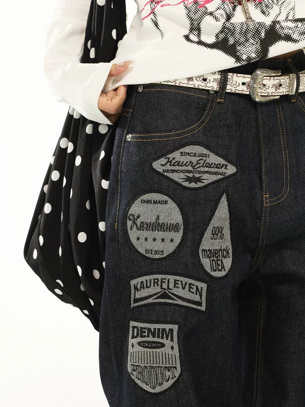 Patchwork Badge Wide Leg Denim Pants 4
