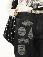 Patchwork Badge Wide Leg Denim Pants 4