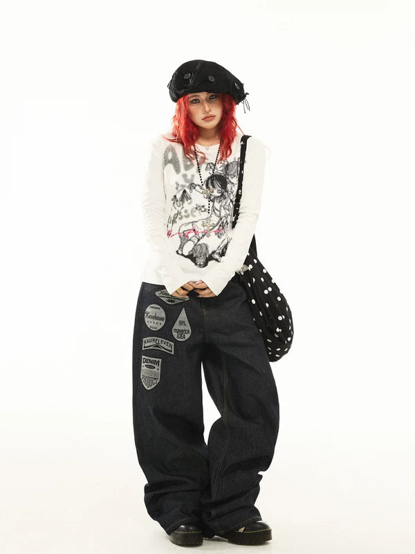 Patchwork Badge Wide Leg Denim Pants 5