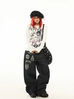 Patchwork Badge Wide Leg Denim Pants 5