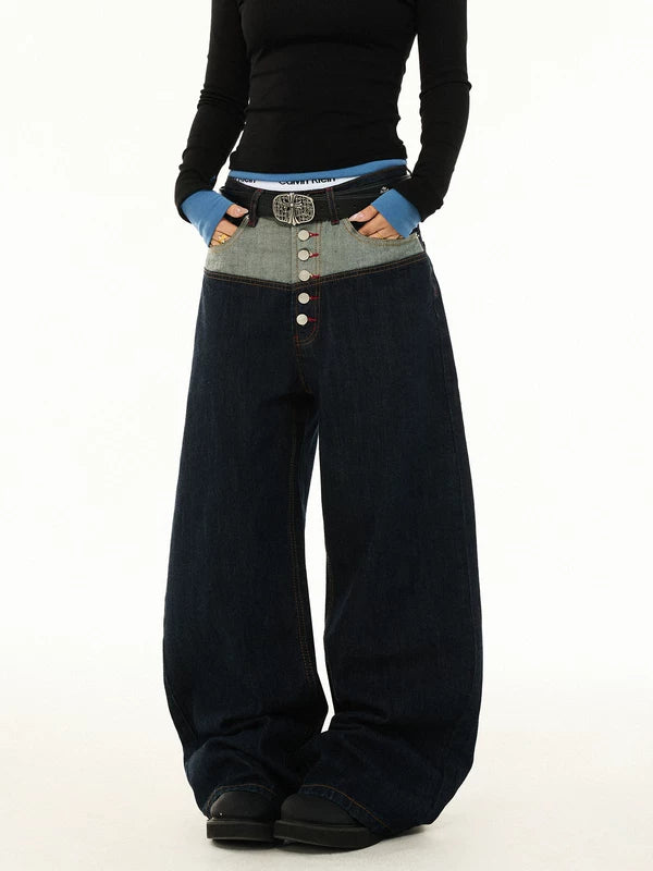 Patchwork Button Fly Wide Leg Denim Pants 2