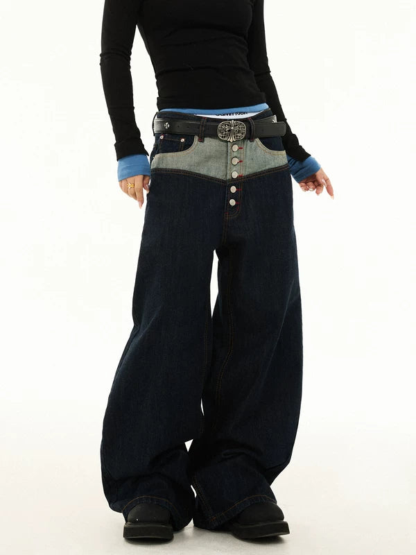 Patchwork Button Fly Wide Leg Denim Pants 5