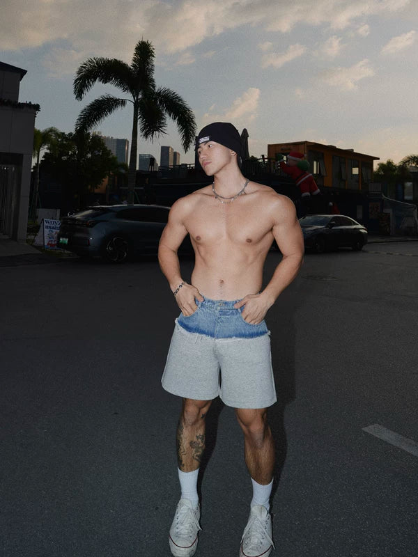 Patchwork Denim Sweat Shorts Pants 4