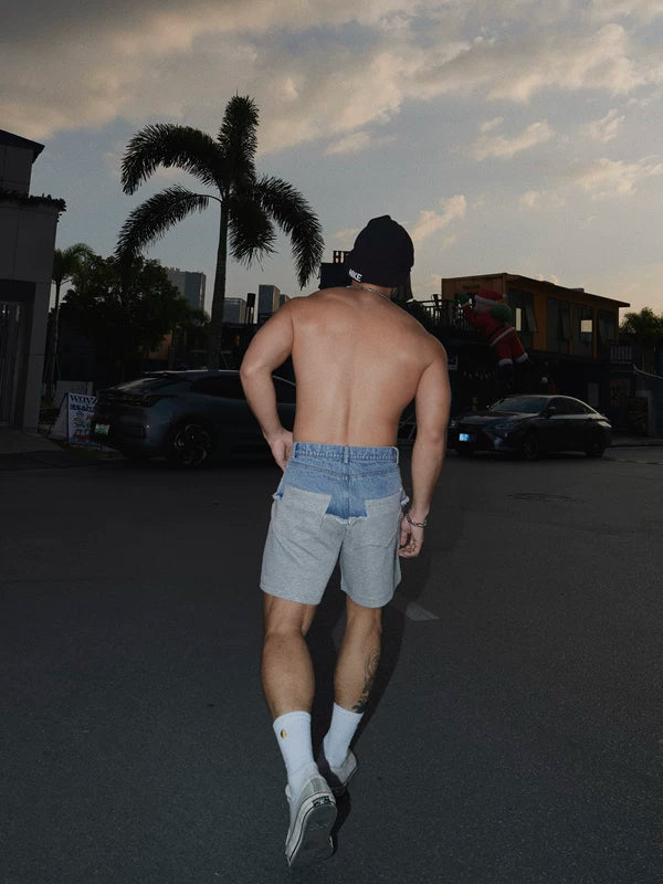 Patchwork Denim Sweat Shorts Pants 5