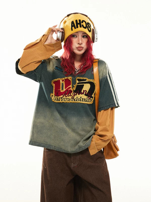 Patchwork Faux Layered Long Sleeve Top 2