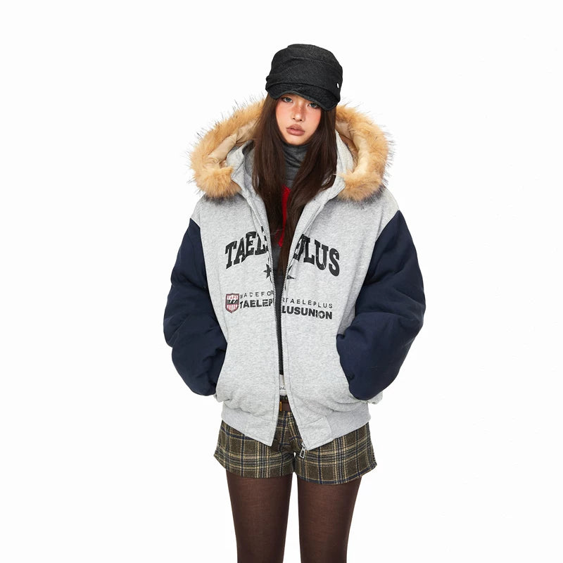 ,1627207:29860838,6140803767568,1627207:29860838,6140803767567,1627207:29860838,6140803767569,6140803767568,6140803767567,6140803767569, Patchwork Hooded Puffer Jacket with Fur Collar