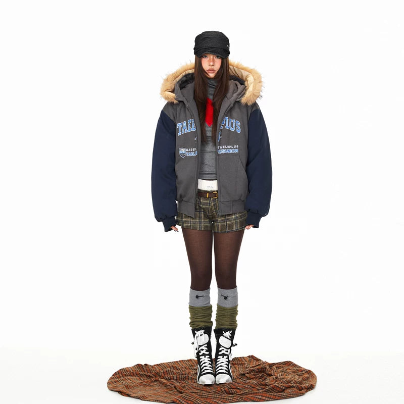 Patchwork Hooded Puffer Jacket with Fur Collar 5
