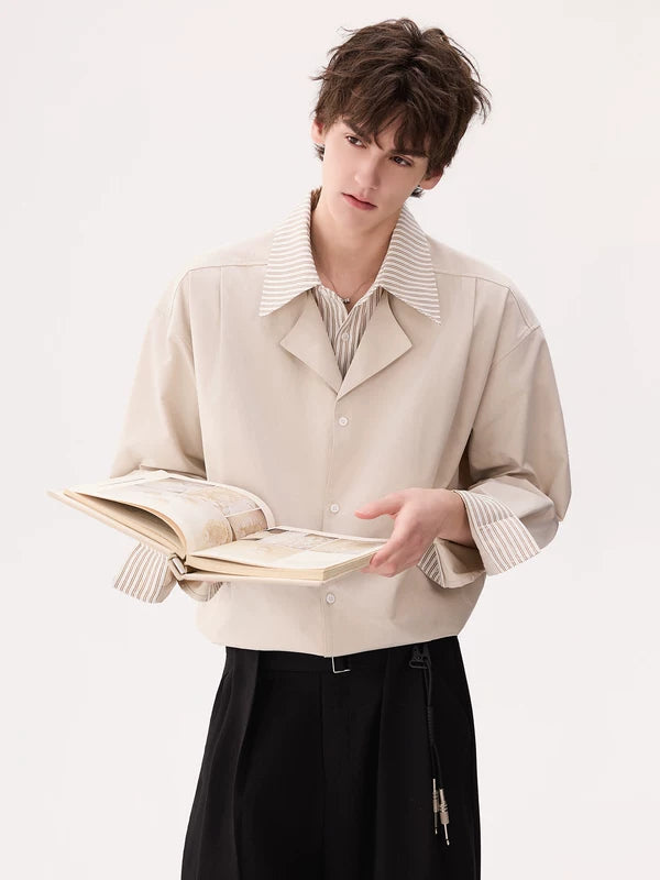 Patchwork Striped Lapel Long Sleeve Shirt 5