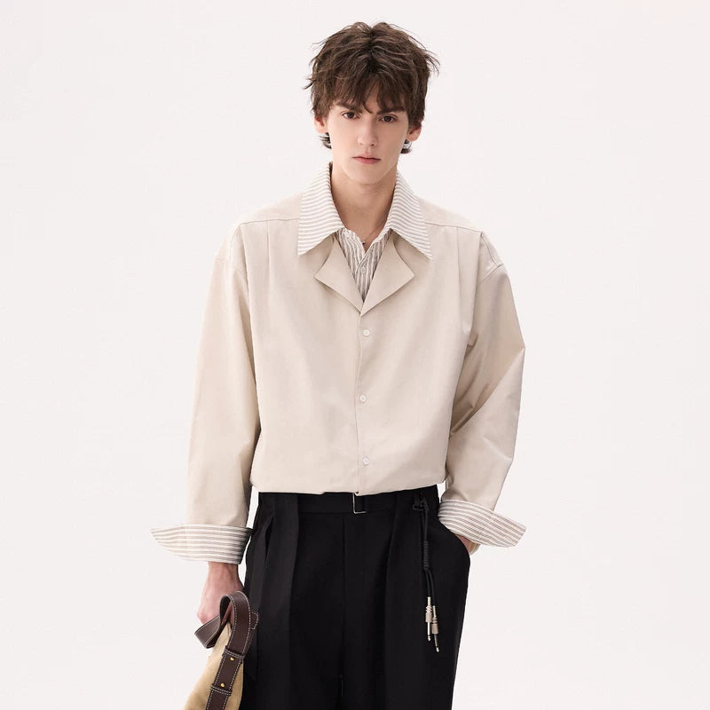 6025683729283,6025683729284,6025683729285,6025683729286, Patchwork Striped Lapel Long Sleeve Shirt