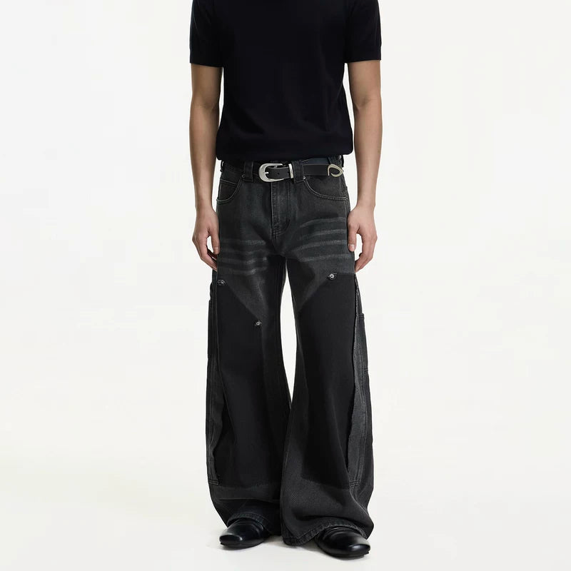 Patchwork Wide Leg Curved Blade Jeans Pants 2