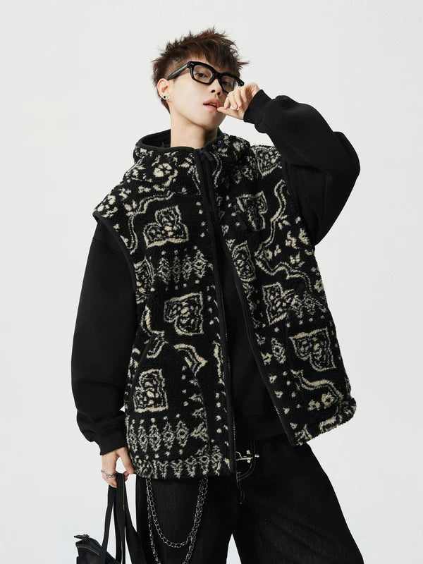 Patterned Fleece Hooded Zip Vest 3